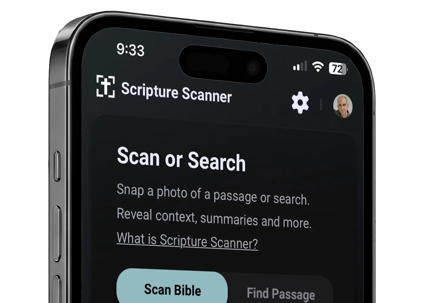 Scripture Scanner app shown in dark mode on a phone